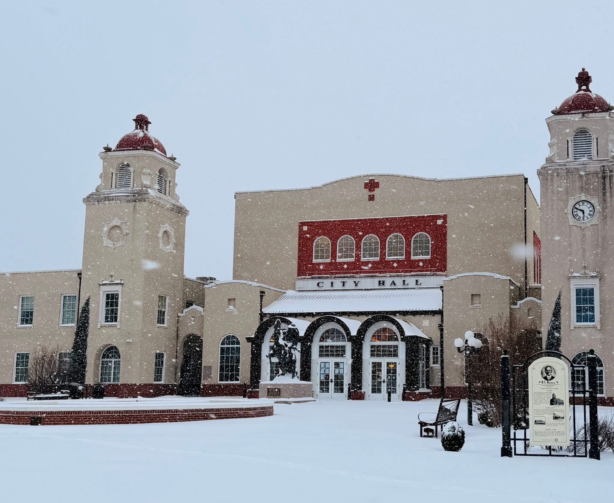 Centennial Plaza & City Hall in the snow